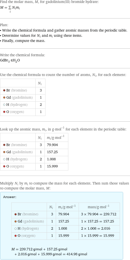 Find the molar mass, M, for gadolinium(III) bromide hydrate: M = sum _iN_im_i Plan: • Write the chemical formula and gather atomic masses from the periodic table. • Determine values for N_i and m_i using these items. • Finally, compute the mass. Write the chemical formula: GdBr_3·xH_2O Use the chemical formula to count the number of atoms, N_i, for each element:  | N_i  Br (bromine) | 3  Gd (gadolinium) | 1  H (hydrogen) | 2  O (oxygen) | 1 Look up the atomic mass, m_i, in g·mol^(-1) for each element in the periodic table:  | N_i | m_i/g·mol^(-1)  Br (bromine) | 3 | 79.904  Gd (gadolinium) | 1 | 157.25  H (hydrogen) | 2 | 1.008  O (oxygen) | 1 | 15.999 Multiply N_i by m_i to compute the mass for each element. Then sum those values to compute the molar mass, M: Answer: |   | | N_i | m_i/g·mol^(-1) | mass/g·mol^(-1)  Br (bromine) | 3 | 79.904 | 3 × 79.904 = 239.712  Gd (gadolinium) | 1 | 157.25 | 1 × 157.25 = 157.25  H (hydrogen) | 2 | 1.008 | 2 × 1.008 = 2.016  O (oxygen) | 1 | 15.999 | 1 × 15.999 = 15.999  M = 239.712 g/mol + 157.25 g/mol + 2.016 g/mol + 15.999 g/mol = 414.98 g/mol