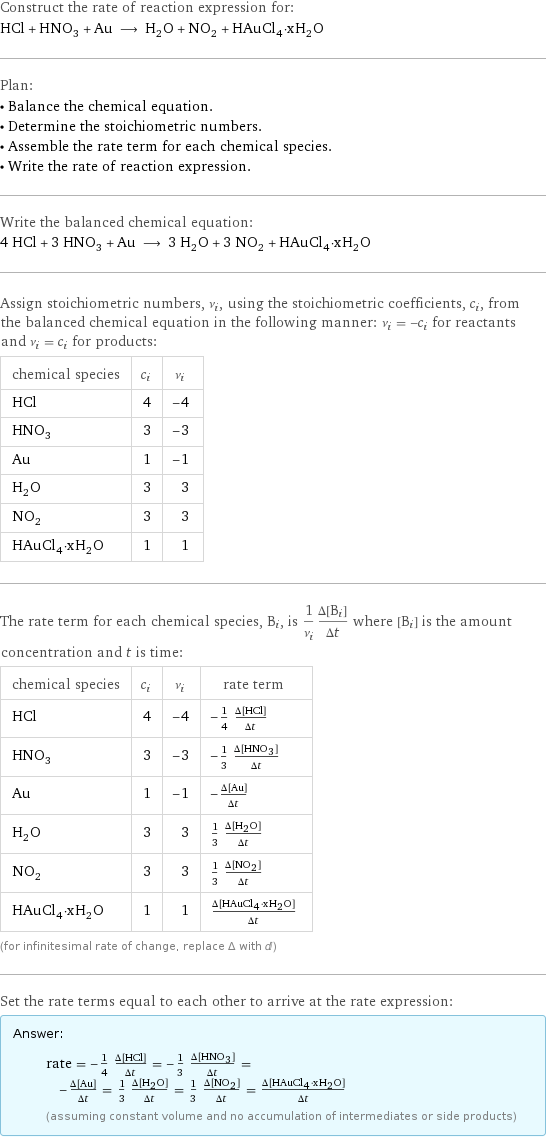 Construct the rate of reaction expression for: HCl + HNO_3 + Au ⟶ H_2O + NO_2 + HAuCl_4·xH_2O Plan: • Balance the chemical equation. • Determine the stoichiometric numbers. • Assemble the rate term for each chemical species. • Write the rate of reaction expression. Write the balanced chemical equation: 4 HCl + 3 HNO_3 + Au ⟶ 3 H_2O + 3 NO_2 + HAuCl_4·xH_2O Assign stoichiometric numbers, ν_i, using the stoichiometric coefficients, c_i, from the balanced chemical equation in the following manner: ν_i = -c_i for reactants and ν_i = c_i for products: chemical species | c_i | ν_i HCl | 4 | -4 HNO_3 | 3 | -3 Au | 1 | -1 H_2O | 3 | 3 NO_2 | 3 | 3 HAuCl_4·xH_2O | 1 | 1 The rate term for each chemical species, B_i, is 1/ν_i(Δ[B_i])/(Δt) where [B_i] is the amount concentration and t is time: chemical species | c_i | ν_i | rate term HCl | 4 | -4 | -1/4 (Δ[HCl])/(Δt) HNO_3 | 3 | -3 | -1/3 (Δ[HNO3])/(Δt) Au | 1 | -1 | -(Δ[Au])/(Δt) H_2O | 3 | 3 | 1/3 (Δ[H2O])/(Δt) NO_2 | 3 | 3 | 1/3 (Δ[NO2])/(Δt) HAuCl_4·xH_2O | 1 | 1 | (Δ[HAuCl4·xH2O])/(Δt) (for infinitesimal rate of change, replace Δ with d) Set the rate terms equal to each other to arrive at the rate expression: Answer: |   | rate = -1/4 (Δ[HCl])/(Δt) = -1/3 (Δ[HNO3])/(Δt) = -(Δ[Au])/(Δt) = 1/3 (Δ[H2O])/(Δt) = 1/3 (Δ[NO2])/(Δt) = (Δ[HAuCl4·xH2O])/(Δt) (assuming constant volume and no accumulation of intermediates or side products)