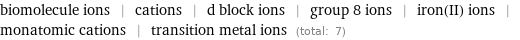 biomolecule ions | cations | d block ions | group 8 ions | iron(II) ions | monatomic cations | transition metal ions (total: 7)