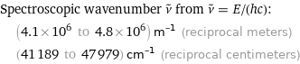 Spectroscopic wavenumber ν^~ from ν^~ = E/(hc):  | (4.1×10^6 to 4.8×10^6) m^(-1) (reciprocal meters)  | (41189 to 47979) cm^(-1) (reciprocal centimeters)