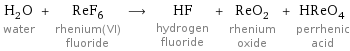 H_2O water + ReF_6 rhenium(VI) fluoride ⟶ HF hydrogen fluoride + ReO_2 rhenium oxide + HReO_4 perrhenic acid