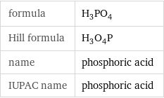 formula | H_3PO_4 Hill formula | H_3O_4P name | phosphoric acid IUPAC name | phosphoric acid