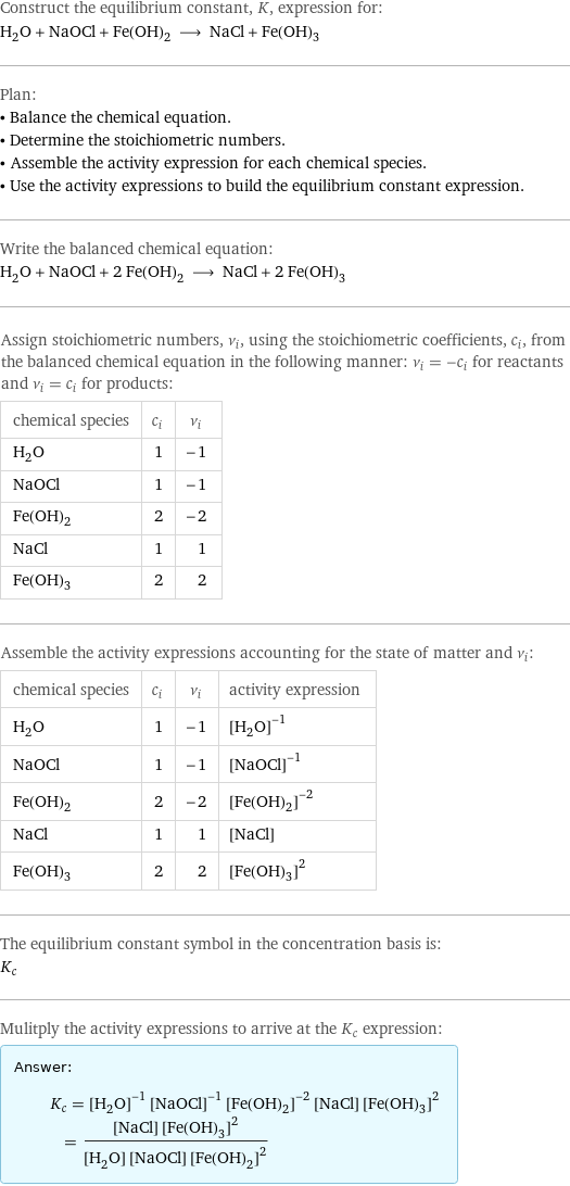 Construct the equilibrium constant, K, expression for: H_2O + NaOCl + Fe(OH)_2 ⟶ NaCl + Fe(OH)_3 Plan: • Balance the chemical equation. • Determine the stoichiometric numbers. • Assemble the activity expression for each chemical species. • Use the activity expressions to build the equilibrium constant expression. Write the balanced chemical equation: H_2O + NaOCl + 2 Fe(OH)_2 ⟶ NaCl + 2 Fe(OH)_3 Assign stoichiometric numbers, ν_i, using the stoichiometric coefficients, c_i, from the balanced chemical equation in the following manner: ν_i = -c_i for reactants and ν_i = c_i for products: chemical species | c_i | ν_i H_2O | 1 | -1 NaOCl | 1 | -1 Fe(OH)_2 | 2 | -2 NaCl | 1 | 1 Fe(OH)_3 | 2 | 2 Assemble the activity expressions accounting for the state of matter and ν_i: chemical species | c_i | ν_i | activity expression H_2O | 1 | -1 | ([H2O])^(-1) NaOCl | 1 | -1 | ([NaOCl])^(-1) Fe(OH)_2 | 2 | -2 | ([Fe(OH)2])^(-2) NaCl | 1 | 1 | [NaCl] Fe(OH)_3 | 2 | 2 | ([Fe(OH)3])^2 The equilibrium constant symbol in the concentration basis is: K_c Mulitply the activity expressions to arrive at the K_c expression: Answer: |   | K_c = ([H2O])^(-1) ([NaOCl])^(-1) ([Fe(OH)2])^(-2) [NaCl] ([Fe(OH)3])^2 = ([NaCl] ([Fe(OH)3])^2)/([H2O] [NaOCl] ([Fe(OH)2])^2)