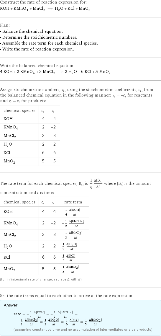 Construct the rate of reaction expression for: KOH + KMnO_4 + MnCl_2 ⟶ H_2O + KCl + MnO_2 Plan: • Balance the chemical equation. • Determine the stoichiometric numbers. • Assemble the rate term for each chemical species. • Write the rate of reaction expression. Write the balanced chemical equation: 4 KOH + 2 KMnO_4 + 3 MnCl_2 ⟶ 2 H_2O + 6 KCl + 5 MnO_2 Assign stoichiometric numbers, ν_i, using the stoichiometric coefficients, c_i, from the balanced chemical equation in the following manner: ν_i = -c_i for reactants and ν_i = c_i for products: chemical species | c_i | ν_i KOH | 4 | -4 KMnO_4 | 2 | -2 MnCl_2 | 3 | -3 H_2O | 2 | 2 KCl | 6 | 6 MnO_2 | 5 | 5 The rate term for each chemical species, B_i, is 1/ν_i(Δ[B_i])/(Δt) where [B_i] is the amount concentration and t is time: chemical species | c_i | ν_i | rate term KOH | 4 | -4 | -1/4 (Δ[KOH])/(Δt) KMnO_4 | 2 | -2 | -1/2 (Δ[KMnO4])/(Δt) MnCl_2 | 3 | -3 | -1/3 (Δ[MnCl2])/(Δt) H_2O | 2 | 2 | 1/2 (Δ[H2O])/(Δt) KCl | 6 | 6 | 1/6 (Δ[KCl])/(Δt) MnO_2 | 5 | 5 | 1/5 (Δ[MnO2])/(Δt) (for infinitesimal rate of change, replace Δ with d) Set the rate terms equal to each other to arrive at the rate expression: Answer: |   | rate = -1/4 (Δ[KOH])/(Δt) = -1/2 (Δ[KMnO4])/(Δt) = -1/3 (Δ[MnCl2])/(Δt) = 1/2 (Δ[H2O])/(Δt) = 1/6 (Δ[KCl])/(Δt) = 1/5 (Δ[MnO2])/(Δt) (assuming constant volume and no accumulation of intermediates or side products)