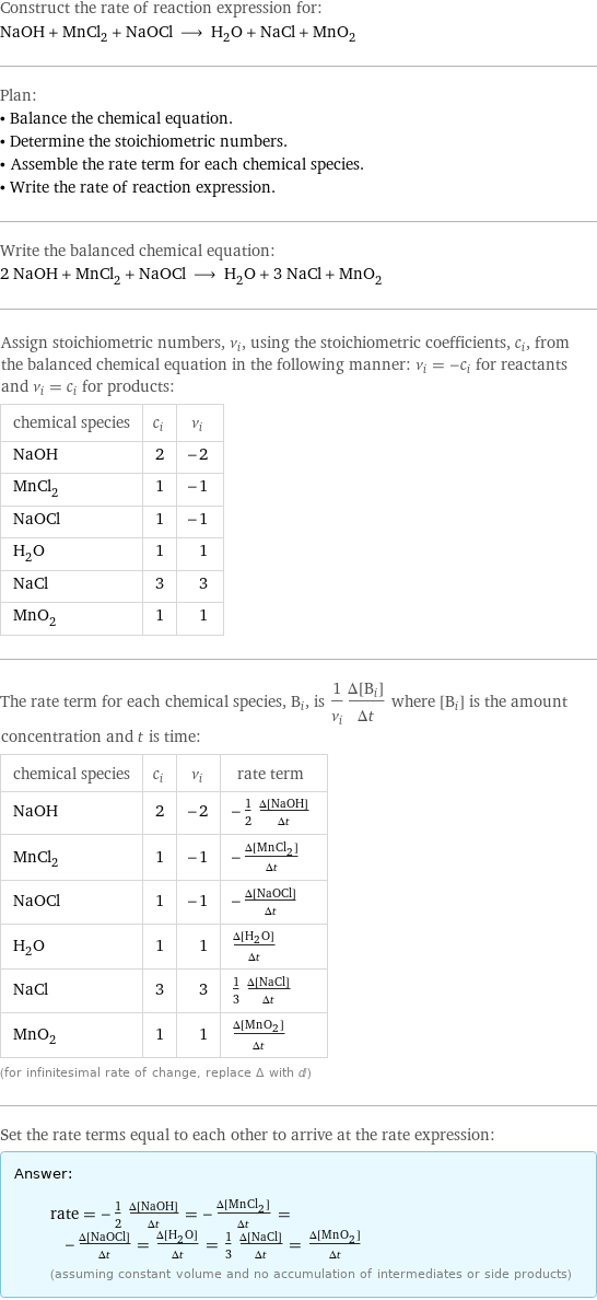 Construct the rate of reaction expression for: NaOH + MnCl_2 + NaOCl ⟶ H_2O + NaCl + MnO_2 Plan: • Balance the chemical equation. • Determine the stoichiometric numbers. • Assemble the rate term for each chemical species. • Write the rate of reaction expression. Write the balanced chemical equation: 2 NaOH + MnCl_2 + NaOCl ⟶ H_2O + 3 NaCl + MnO_2 Assign stoichiometric numbers, ν_i, using the stoichiometric coefficients, c_i, from the balanced chemical equation in the following manner: ν_i = -c_i for reactants and ν_i = c_i for products: chemical species | c_i | ν_i NaOH | 2 | -2 MnCl_2 | 1 | -1 NaOCl | 1 | -1 H_2O | 1 | 1 NaCl | 3 | 3 MnO_2 | 1 | 1 The rate term for each chemical species, B_i, is 1/ν_i(Δ[B_i])/(Δt) where [B_i] is the amount concentration and t is time: chemical species | c_i | ν_i | rate term NaOH | 2 | -2 | -1/2 (Δ[NaOH])/(Δt) MnCl_2 | 1 | -1 | -(Δ[MnCl2])/(Δt) NaOCl | 1 | -1 | -(Δ[NaOCl])/(Δt) H_2O | 1 | 1 | (Δ[H2O])/(Δt) NaCl | 3 | 3 | 1/3 (Δ[NaCl])/(Δt) MnO_2 | 1 | 1 | (Δ[MnO2])/(Δt) (for infinitesimal rate of change, replace Δ with d) Set the rate terms equal to each other to arrive at the rate expression: Answer: |   | rate = -1/2 (Δ[NaOH])/(Δt) = -(Δ[MnCl2])/(Δt) = -(Δ[NaOCl])/(Δt) = (Δ[H2O])/(Δt) = 1/3 (Δ[NaCl])/(Δt) = (Δ[MnO2])/(Δt) (assuming constant volume and no accumulation of intermediates or side products)