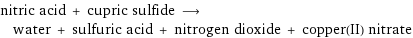 nitric acid + cupric sulfide ⟶ water + sulfuric acid + nitrogen dioxide + copper(II) nitrate