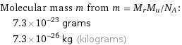 Molecular mass m from m = M_rM_u/N_A:  | 7.3×10^-23 grams  | 7.3×10^-26 kg (kilograms)