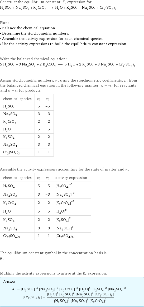 Construct the equilibrium constant, K, expression for: H_2SO_4 + Na_2SO_3 + K_2CrO_4 ⟶ H_2O + K_2SO_4 + Na_2SO_4 + Cr_2(SO_4)_3 Plan: • Balance the chemical equation. • Determine the stoichiometric numbers. • Assemble the activity expression for each chemical species. • Use the activity expressions to build the equilibrium constant expression. Write the balanced chemical equation: 5 H_2SO_4 + 3 Na_2SO_3 + 2 K_2CrO_4 ⟶ 5 H_2O + 2 K_2SO_4 + 3 Na_2SO_4 + Cr_2(SO_4)_3 Assign stoichiometric numbers, ν_i, using the stoichiometric coefficients, c_i, from the balanced chemical equation in the following manner: ν_i = -c_i for reactants and ν_i = c_i for products: chemical species | c_i | ν_i H_2SO_4 | 5 | -5 Na_2SO_3 | 3 | -3 K_2CrO_4 | 2 | -2 H_2O | 5 | 5 K_2SO_4 | 2 | 2 Na_2SO_4 | 3 | 3 Cr_2(SO_4)_3 | 1 | 1 Assemble the activity expressions accounting for the state of matter and ν_i: chemical species | c_i | ν_i | activity expression H_2SO_4 | 5 | -5 | ([H2SO4])^(-5) Na_2SO_3 | 3 | -3 | ([Na2SO3])^(-3) K_2CrO_4 | 2 | -2 | ([K2CrO4])^(-2) H_2O | 5 | 5 | ([H2O])^5 K_2SO_4 | 2 | 2 | ([K2SO4])^2 Na_2SO_4 | 3 | 3 | ([Na2SO4])^3 Cr_2(SO_4)_3 | 1 | 1 | [Cr2(SO4)3] The equilibrium constant symbol in the concentration basis is: K_c Mulitply the activity expressions to arrive at the K_c expression: Answer: |   | K_c = ([H2SO4])^(-5) ([Na2SO3])^(-3) ([K2CrO4])^(-2) ([H2O])^5 ([K2SO4])^2 ([Na2SO4])^3 [Cr2(SO4)3] = (([H2O])^5 ([K2SO4])^2 ([Na2SO4])^3 [Cr2(SO4)3])/(([H2SO4])^5 ([Na2SO3])^3 ([K2CrO4])^2)
