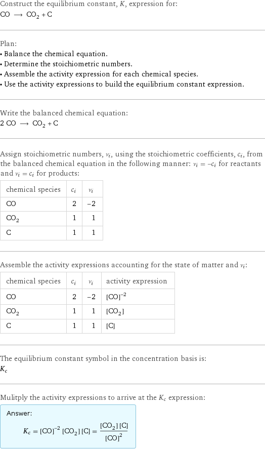 Construct the equilibrium constant, K, expression for: CO ⟶ CO_2 + C Plan: • Balance the chemical equation. • Determine the stoichiometric numbers. • Assemble the activity expression for each chemical species. • Use the activity expressions to build the equilibrium constant expression. Write the balanced chemical equation: 2 CO ⟶ CO_2 + C Assign stoichiometric numbers, ν_i, using the stoichiometric coefficients, c_i, from the balanced chemical equation in the following manner: ν_i = -c_i for reactants and ν_i = c_i for products: chemical species | c_i | ν_i CO | 2 | -2 CO_2 | 1 | 1 C | 1 | 1 Assemble the activity expressions accounting for the state of matter and ν_i: chemical species | c_i | ν_i | activity expression CO | 2 | -2 | ([CO])^(-2) CO_2 | 1 | 1 | [CO2] C | 1 | 1 | [C] The equilibrium constant symbol in the concentration basis is: K_c Mulitply the activity expressions to arrive at the K_c expression: Answer: |   | K_c = ([CO])^(-2) [CO2] [C] = ([CO2] [C])/([CO])^2