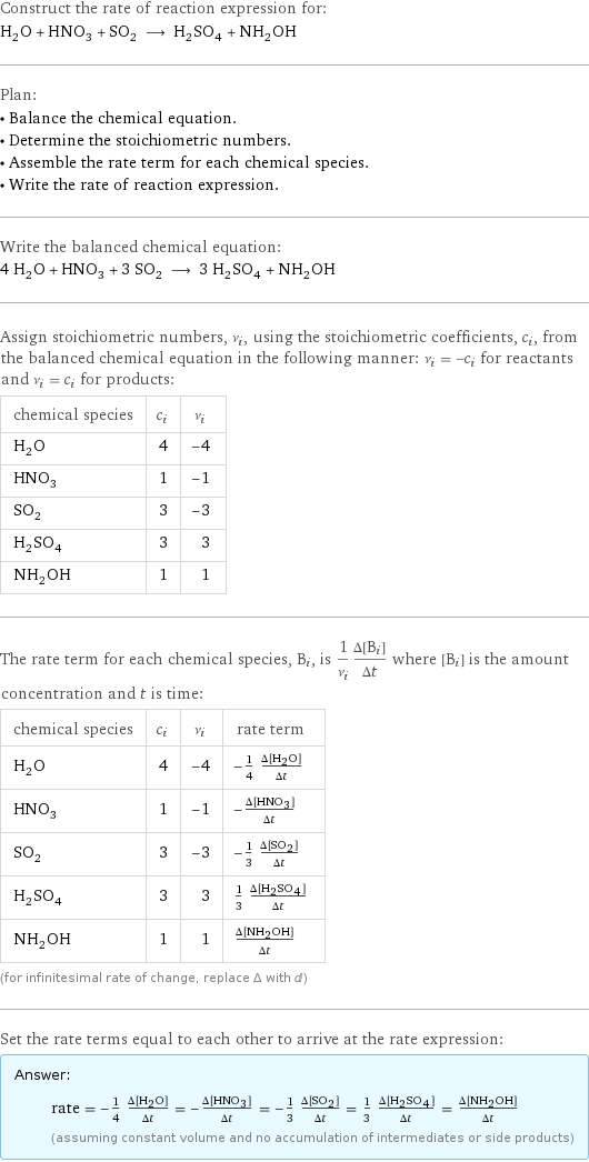 Construct the rate of reaction expression for: H_2O + HNO_3 + SO_2 ⟶ H_2SO_4 + NH_2OH Plan: • Balance the chemical equation. • Determine the stoichiometric numbers. • Assemble the rate term for each chemical species. • Write the rate of reaction expression. Write the balanced chemical equation: 4 H_2O + HNO_3 + 3 SO_2 ⟶ 3 H_2SO_4 + NH_2OH Assign stoichiometric numbers, ν_i, using the stoichiometric coefficients, c_i, from the balanced chemical equation in the following manner: ν_i = -c_i for reactants and ν_i = c_i for products: chemical species | c_i | ν_i H_2O | 4 | -4 HNO_3 | 1 | -1 SO_2 | 3 | -3 H_2SO_4 | 3 | 3 NH_2OH | 1 | 1 The rate term for each chemical species, B_i, is 1/ν_i(Δ[B_i])/(Δt) where [B_i] is the amount concentration and t is time: chemical species | c_i | ν_i | rate term H_2O | 4 | -4 | -1/4 (Δ[H2O])/(Δt) HNO_3 | 1 | -1 | -(Δ[HNO3])/(Δt) SO_2 | 3 | -3 | -1/3 (Δ[SO2])/(Δt) H_2SO_4 | 3 | 3 | 1/3 (Δ[H2SO4])/(Δt) NH_2OH | 1 | 1 | (Δ[NH2OH])/(Δt) (for infinitesimal rate of change, replace Δ with d) Set the rate terms equal to each other to arrive at the rate expression: Answer: |   | rate = -1/4 (Δ[H2O])/(Δt) = -(Δ[HNO3])/(Δt) = -1/3 (Δ[SO2])/(Δt) = 1/3 (Δ[H2SO4])/(Δt) = (Δ[NH2OH])/(Δt) (assuming constant volume and no accumulation of intermediates or side products)