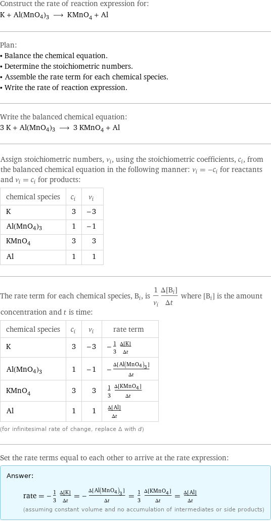 Construct the rate of reaction expression for: K + Al(MnO4)3 ⟶ KMnO_4 + Al Plan: • Balance the chemical equation. • Determine the stoichiometric numbers. • Assemble the rate term for each chemical species. • Write the rate of reaction expression. Write the balanced chemical equation: 3 K + Al(MnO4)3 ⟶ 3 KMnO_4 + Al Assign stoichiometric numbers, ν_i, using the stoichiometric coefficients, c_i, from the balanced chemical equation in the following manner: ν_i = -c_i for reactants and ν_i = c_i for products: chemical species | c_i | ν_i K | 3 | -3 Al(MnO4)3 | 1 | -1 KMnO_4 | 3 | 3 Al | 1 | 1 The rate term for each chemical species, B_i, is 1/ν_i(Δ[B_i])/(Δt) where [B_i] is the amount concentration and t is time: chemical species | c_i | ν_i | rate term K | 3 | -3 | -1/3 (Δ[K])/(Δt) Al(MnO4)3 | 1 | -1 | -(Δ[Al(MnO4)3])/(Δt) KMnO_4 | 3 | 3 | 1/3 (Δ[KMnO4])/(Δt) Al | 1 | 1 | (Δ[Al])/(Δt) (for infinitesimal rate of change, replace Δ with d) Set the rate terms equal to each other to arrive at the rate expression: Answer: |   | rate = -1/3 (Δ[K])/(Δt) = -(Δ[Al(MnO4)3])/(Δt) = 1/3 (Δ[KMnO4])/(Δt) = (Δ[Al])/(Δt) (assuming constant volume and no accumulation of intermediates or side products)