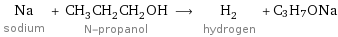 Na sodium + CH_3CH_2CH_2OH N-propanol ⟶ H_2 hydrogen + C3H7ONa