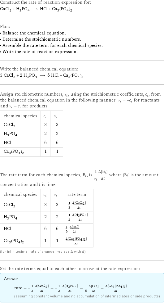 Construct the rate of reaction expression for: CaCl_2 + H_3PO_4 ⟶ HCl + Ca_3(PO_4)_2 Plan: • Balance the chemical equation. • Determine the stoichiometric numbers. • Assemble the rate term for each chemical species. • Write the rate of reaction expression. Write the balanced chemical equation: 3 CaCl_2 + 2 H_3PO_4 ⟶ 6 HCl + Ca_3(PO_4)_2 Assign stoichiometric numbers, ν_i, using the stoichiometric coefficients, c_i, from the balanced chemical equation in the following manner: ν_i = -c_i for reactants and ν_i = c_i for products: chemical species | c_i | ν_i CaCl_2 | 3 | -3 H_3PO_4 | 2 | -2 HCl | 6 | 6 Ca_3(PO_4)_2 | 1 | 1 The rate term for each chemical species, B_i, is 1/ν_i(Δ[B_i])/(Δt) where [B_i] is the amount concentration and t is time: chemical species | c_i | ν_i | rate term CaCl_2 | 3 | -3 | -1/3 (Δ[CaCl2])/(Δt) H_3PO_4 | 2 | -2 | -1/2 (Δ[H3PO4])/(Δt) HCl | 6 | 6 | 1/6 (Δ[HCl])/(Δt) Ca_3(PO_4)_2 | 1 | 1 | (Δ[Ca3(PO4)2])/(Δt) (for infinitesimal rate of change, replace Δ with d) Set the rate terms equal to each other to arrive at the rate expression: Answer: |   | rate = -1/3 (Δ[CaCl2])/(Δt) = -1/2 (Δ[H3PO4])/(Δt) = 1/6 (Δ[HCl])/(Δt) = (Δ[Ca3(PO4)2])/(Δt) (assuming constant volume and no accumulation of intermediates or side products)