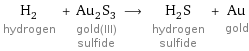 H_2 hydrogen + Au_2S_3 gold(III) sulfide ⟶ H_2S hydrogen sulfide + Au gold