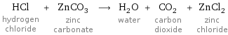 HCl hydrogen chloride + ZnCO_3 zinc carbonate ⟶ H_2O water + CO_2 carbon dioxide + ZnCl_2 zinc chloride