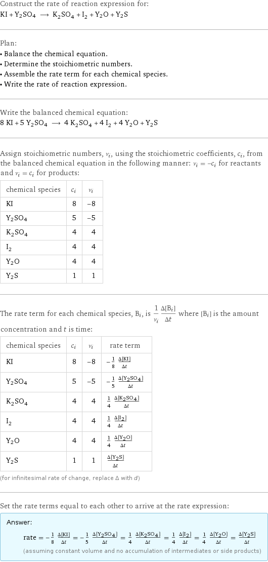 Construct the rate of reaction expression for: KI + Y2SO4 ⟶ K_2SO_4 + I_2 + Y2O + Y2S Plan: • Balance the chemical equation. • Determine the stoichiometric numbers. • Assemble the rate term for each chemical species. • Write the rate of reaction expression. Write the balanced chemical equation: 8 KI + 5 Y2SO4 ⟶ 4 K_2SO_4 + 4 I_2 + 4 Y2O + Y2S Assign stoichiometric numbers, ν_i, using the stoichiometric coefficients, c_i, from the balanced chemical equation in the following manner: ν_i = -c_i for reactants and ν_i = c_i for products: chemical species | c_i | ν_i KI | 8 | -8 Y2SO4 | 5 | -5 K_2SO_4 | 4 | 4 I_2 | 4 | 4 Y2O | 4 | 4 Y2S | 1 | 1 The rate term for each chemical species, B_i, is 1/ν_i(Δ[B_i])/(Δt) where [B_i] is the amount concentration and t is time: chemical species | c_i | ν_i | rate term KI | 8 | -8 | -1/8 (Δ[KI])/(Δt) Y2SO4 | 5 | -5 | -1/5 (Δ[Y2SO4])/(Δt) K_2SO_4 | 4 | 4 | 1/4 (Δ[K2SO4])/(Δt) I_2 | 4 | 4 | 1/4 (Δ[I2])/(Δt) Y2O | 4 | 4 | 1/4 (Δ[Y2O])/(Δt) Y2S | 1 | 1 | (Δ[Y2S])/(Δt) (for infinitesimal rate of change, replace Δ with d) Set the rate terms equal to each other to arrive at the rate expression: Answer: |   | rate = -1/8 (Δ[KI])/(Δt) = -1/5 (Δ[Y2SO4])/(Δt) = 1/4 (Δ[K2SO4])/(Δt) = 1/4 (Δ[I2])/(Δt) = 1/4 (Δ[Y2O])/(Δt) = (Δ[Y2S])/(Δt) (assuming constant volume and no accumulation of intermediates or side products)