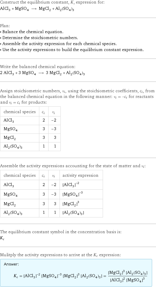 Construct the equilibrium constant, K, expression for: AlCl_3 + MgSO_4 ⟶ MgCl_2 + Al_2(SO_4)_3 Plan: • Balance the chemical equation. • Determine the stoichiometric numbers. • Assemble the activity expression for each chemical species. • Use the activity expressions to build the equilibrium constant expression. Write the balanced chemical equation: 2 AlCl_3 + 3 MgSO_4 ⟶ 3 MgCl_2 + Al_2(SO_4)_3 Assign stoichiometric numbers, ν_i, using the stoichiometric coefficients, c_i, from the balanced chemical equation in the following manner: ν_i = -c_i for reactants and ν_i = c_i for products: chemical species | c_i | ν_i AlCl_3 | 2 | -2 MgSO_4 | 3 | -3 MgCl_2 | 3 | 3 Al_2(SO_4)_3 | 1 | 1 Assemble the activity expressions accounting for the state of matter and ν_i: chemical species | c_i | ν_i | activity expression AlCl_3 | 2 | -2 | ([AlCl3])^(-2) MgSO_4 | 3 | -3 | ([MgSO4])^(-3) MgCl_2 | 3 | 3 | ([MgCl2])^3 Al_2(SO_4)_3 | 1 | 1 | [Al2(SO4)3] The equilibrium constant symbol in the concentration basis is: K_c Mulitply the activity expressions to arrive at the K_c expression: Answer: |   | K_c = ([AlCl3])^(-2) ([MgSO4])^(-3) ([MgCl2])^3 [Al2(SO4)3] = (([MgCl2])^3 [Al2(SO4)3])/(([AlCl3])^2 ([MgSO4])^3)