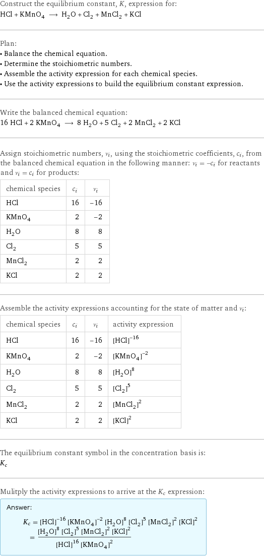 Construct the equilibrium constant, K, expression for: HCl + KMnO_4 ⟶ H_2O + Cl_2 + MnCl_2 + KCl Plan: • Balance the chemical equation. • Determine the stoichiometric numbers. • Assemble the activity expression for each chemical species. • Use the activity expressions to build the equilibrium constant expression. Write the balanced chemical equation: 16 HCl + 2 KMnO_4 ⟶ 8 H_2O + 5 Cl_2 + 2 MnCl_2 + 2 KCl Assign stoichiometric numbers, ν_i, using the stoichiometric coefficients, c_i, from the balanced chemical equation in the following manner: ν_i = -c_i for reactants and ν_i = c_i for products: chemical species | c_i | ν_i HCl | 16 | -16 KMnO_4 | 2 | -2 H_2O | 8 | 8 Cl_2 | 5 | 5 MnCl_2 | 2 | 2 KCl | 2 | 2 Assemble the activity expressions accounting for the state of matter and ν_i: chemical species | c_i | ν_i | activity expression HCl | 16 | -16 | ([HCl])^(-16) KMnO_4 | 2 | -2 | ([KMnO4])^(-2) H_2O | 8 | 8 | ([H2O])^8 Cl_2 | 5 | 5 | ([Cl2])^5 MnCl_2 | 2 | 2 | ([MnCl2])^2 KCl | 2 | 2 | ([KCl])^2 The equilibrium constant symbol in the concentration basis is: K_c Mulitply the activity expressions to arrive at the K_c expression: Answer: |   | K_c = ([HCl])^(-16) ([KMnO4])^(-2) ([H2O])^8 ([Cl2])^5 ([MnCl2])^2 ([KCl])^2 = (([H2O])^8 ([Cl2])^5 ([MnCl2])^2 ([KCl])^2)/(([HCl])^16 ([KMnO4])^2)