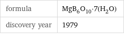 formula | MgB_6O_10·7(H_2O) discovery year | 1979
