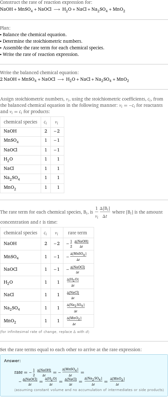 Construct the rate of reaction expression for: NaOH + MnSO_4 + NaOCl ⟶ H_2O + NaCl + Na_2SO_4 + MnO_2 Plan: • Balance the chemical equation. • Determine the stoichiometric numbers. • Assemble the rate term for each chemical species. • Write the rate of reaction expression. Write the balanced chemical equation: 2 NaOH + MnSO_4 + NaOCl ⟶ H_2O + NaCl + Na_2SO_4 + MnO_2 Assign stoichiometric numbers, ν_i, using the stoichiometric coefficients, c_i, from the balanced chemical equation in the following manner: ν_i = -c_i for reactants and ν_i = c_i for products: chemical species | c_i | ν_i NaOH | 2 | -2 MnSO_4 | 1 | -1 NaOCl | 1 | -1 H_2O | 1 | 1 NaCl | 1 | 1 Na_2SO_4 | 1 | 1 MnO_2 | 1 | 1 The rate term for each chemical species, B_i, is 1/ν_i(Δ[B_i])/(Δt) where [B_i] is the amount concentration and t is time: chemical species | c_i | ν_i | rate term NaOH | 2 | -2 | -1/2 (Δ[NaOH])/(Δt) MnSO_4 | 1 | -1 | -(Δ[MnSO4])/(Δt) NaOCl | 1 | -1 | -(Δ[NaOCl])/(Δt) H_2O | 1 | 1 | (Δ[H2O])/(Δt) NaCl | 1 | 1 | (Δ[NaCl])/(Δt) Na_2SO_4 | 1 | 1 | (Δ[Na2SO4])/(Δt) MnO_2 | 1 | 1 | (Δ[MnO2])/(Δt) (for infinitesimal rate of change, replace Δ with d) Set the rate terms equal to each other to arrive at the rate expression: Answer: |   | rate = -1/2 (Δ[NaOH])/(Δt) = -(Δ[MnSO4])/(Δt) = -(Δ[NaOCl])/(Δt) = (Δ[H2O])/(Δt) = (Δ[NaCl])/(Δt) = (Δ[Na2SO4])/(Δt) = (Δ[MnO2])/(Δt) (assuming constant volume and no accumulation of intermediates or side products)