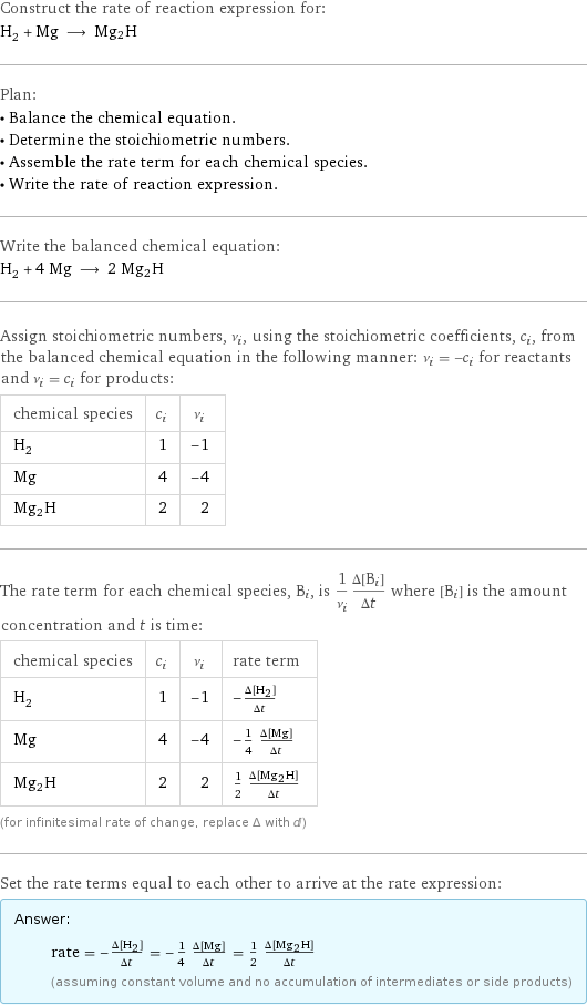 Construct the rate of reaction expression for: H_2 + Mg ⟶ Mg2H Plan: • Balance the chemical equation. • Determine the stoichiometric numbers. • Assemble the rate term for each chemical species. • Write the rate of reaction expression. Write the balanced chemical equation: H_2 + 4 Mg ⟶ 2 Mg2H Assign stoichiometric numbers, ν_i, using the stoichiometric coefficients, c_i, from the balanced chemical equation in the following manner: ν_i = -c_i for reactants and ν_i = c_i for products: chemical species | c_i | ν_i H_2 | 1 | -1 Mg | 4 | -4 Mg2H | 2 | 2 The rate term for each chemical species, B_i, is 1/ν_i(Δ[B_i])/(Δt) where [B_i] is the amount concentration and t is time: chemical species | c_i | ν_i | rate term H_2 | 1 | -1 | -(Δ[H2])/(Δt) Mg | 4 | -4 | -1/4 (Δ[Mg])/(Δt) Mg2H | 2 | 2 | 1/2 (Δ[Mg2H])/(Δt) (for infinitesimal rate of change, replace Δ with d) Set the rate terms equal to each other to arrive at the rate expression: Answer: |   | rate = -(Δ[H2])/(Δt) = -1/4 (Δ[Mg])/(Δt) = 1/2 (Δ[Mg2H])/(Δt) (assuming constant volume and no accumulation of intermediates or side products)