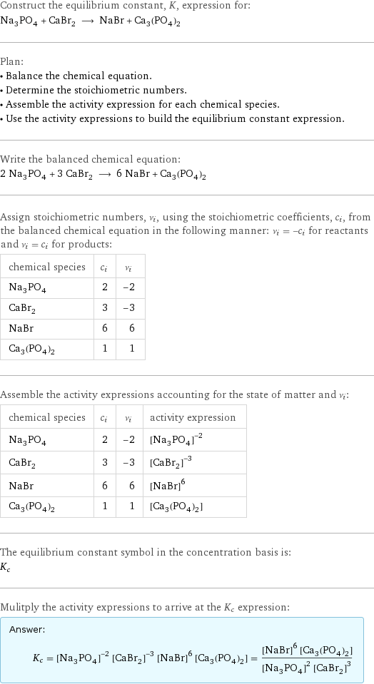 Construct the equilibrium constant, K, expression for: Na_3PO_4 + CaBr_2 ⟶ NaBr + Ca_3(PO_4)_2 Plan: • Balance the chemical equation. • Determine the stoichiometric numbers. • Assemble the activity expression for each chemical species. • Use the activity expressions to build the equilibrium constant expression. Write the balanced chemical equation: 2 Na_3PO_4 + 3 CaBr_2 ⟶ 6 NaBr + Ca_3(PO_4)_2 Assign stoichiometric numbers, ν_i, using the stoichiometric coefficients, c_i, from the balanced chemical equation in the following manner: ν_i = -c_i for reactants and ν_i = c_i for products: chemical species | c_i | ν_i Na_3PO_4 | 2 | -2 CaBr_2 | 3 | -3 NaBr | 6 | 6 Ca_3(PO_4)_2 | 1 | 1 Assemble the activity expressions accounting for the state of matter and ν_i: chemical species | c_i | ν_i | activity expression Na_3PO_4 | 2 | -2 | ([Na3PO4])^(-2) CaBr_2 | 3 | -3 | ([CaBr2])^(-3) NaBr | 6 | 6 | ([NaBr])^6 Ca_3(PO_4)_2 | 1 | 1 | [Ca3(PO4)2] The equilibrium constant symbol in the concentration basis is: K_c Mulitply the activity expressions to arrive at the K_c expression: Answer: |   | K_c = ([Na3PO4])^(-2) ([CaBr2])^(-3) ([NaBr])^6 [Ca3(PO4)2] = (([NaBr])^6 [Ca3(PO4)2])/(([Na3PO4])^2 ([CaBr2])^3)