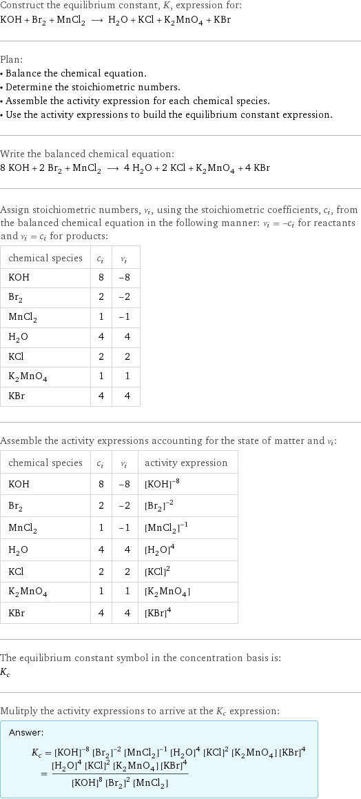 Construct the equilibrium constant, K, expression for: KOH + Br_2 + MnCl_2 ⟶ H_2O + KCl + K_2MnO_4 + KBr Plan: • Balance the chemical equation. • Determine the stoichiometric numbers. • Assemble the activity expression for each chemical species. • Use the activity expressions to build the equilibrium constant expression. Write the balanced chemical equation: 8 KOH + 2 Br_2 + MnCl_2 ⟶ 4 H_2O + 2 KCl + K_2MnO_4 + 4 KBr Assign stoichiometric numbers, ν_i, using the stoichiometric coefficients, c_i, from the balanced chemical equation in the following manner: ν_i = -c_i for reactants and ν_i = c_i for products: chemical species | c_i | ν_i KOH | 8 | -8 Br_2 | 2 | -2 MnCl_2 | 1 | -1 H_2O | 4 | 4 KCl | 2 | 2 K_2MnO_4 | 1 | 1 KBr | 4 | 4 Assemble the activity expressions accounting for the state of matter and ν_i: chemical species | c_i | ν_i | activity expression KOH | 8 | -8 | ([KOH])^(-8) Br_2 | 2 | -2 | ([Br2])^(-2) MnCl_2 | 1 | -1 | ([MnCl2])^(-1) H_2O | 4 | 4 | ([H2O])^4 KCl | 2 | 2 | ([KCl])^2 K_2MnO_4 | 1 | 1 | [K2MnO4] KBr | 4 | 4 | ([KBr])^4 The equilibrium constant symbol in the concentration basis is: K_c Mulitply the activity expressions to arrive at the K_c expression: Answer: |   | K_c = ([KOH])^(-8) ([Br2])^(-2) ([MnCl2])^(-1) ([H2O])^4 ([KCl])^2 [K2MnO4] ([KBr])^4 = (([H2O])^4 ([KCl])^2 [K2MnO4] ([KBr])^4)/(([KOH])^8 ([Br2])^2 [MnCl2])