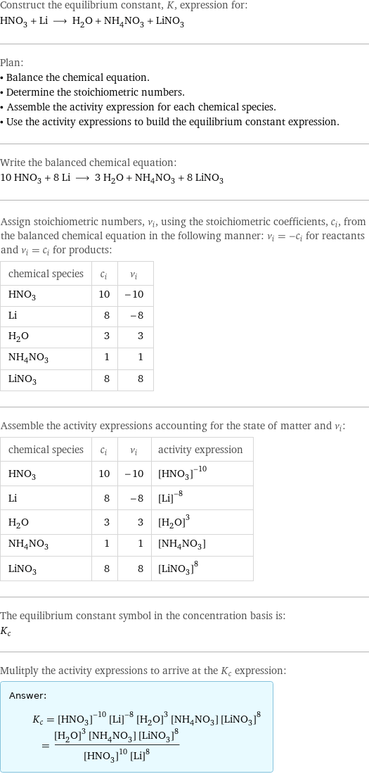 Construct the equilibrium constant, K, expression for: HNO_3 + Li ⟶ H_2O + NH_4NO_3 + LiNO_3 Plan: • Balance the chemical equation. • Determine the stoichiometric numbers. • Assemble the activity expression for each chemical species. • Use the activity expressions to build the equilibrium constant expression. Write the balanced chemical equation: 10 HNO_3 + 8 Li ⟶ 3 H_2O + NH_4NO_3 + 8 LiNO_3 Assign stoichiometric numbers, ν_i, using the stoichiometric coefficients, c_i, from the balanced chemical equation in the following manner: ν_i = -c_i for reactants and ν_i = c_i for products: chemical species | c_i | ν_i HNO_3 | 10 | -10 Li | 8 | -8 H_2O | 3 | 3 NH_4NO_3 | 1 | 1 LiNO_3 | 8 | 8 Assemble the activity expressions accounting for the state of matter and ν_i: chemical species | c_i | ν_i | activity expression HNO_3 | 10 | -10 | ([HNO3])^(-10) Li | 8 | -8 | ([Li])^(-8) H_2O | 3 | 3 | ([H2O])^3 NH_4NO_3 | 1 | 1 | [NH4NO3] LiNO_3 | 8 | 8 | ([LiNO3])^8 The equilibrium constant symbol in the concentration basis is: K_c Mulitply the activity expressions to arrive at the K_c expression: Answer: |   | K_c = ([HNO3])^(-10) ([Li])^(-8) ([H2O])^3 [NH4NO3] ([LiNO3])^8 = (([H2O])^3 [NH4NO3] ([LiNO3])^8)/(([HNO3])^10 ([Li])^8)