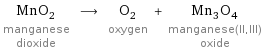 MnO_2 manganese dioxide ⟶ O_2 oxygen + Mn_3O_4 manganese(II, III) oxide