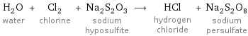 H_2O water + Cl_2 chlorine + Na_2S_2O_3 sodium hyposulfite ⟶ HCl hydrogen chloride + Na_2S_2O_8 sodium persulfate