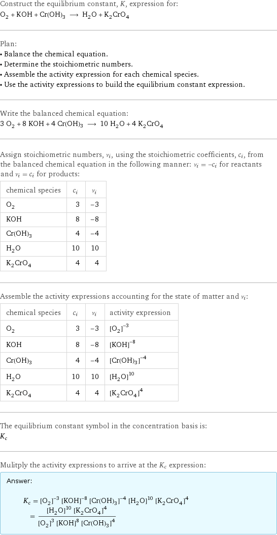 Construct the equilibrium constant, K, expression for: O_2 + KOH + Cr(OH)3 ⟶ H_2O + K_2CrO_4 Plan: • Balance the chemical equation. • Determine the stoichiometric numbers. • Assemble the activity expression for each chemical species. • Use the activity expressions to build the equilibrium constant expression. Write the balanced chemical equation: 3 O_2 + 8 KOH + 4 Cr(OH)3 ⟶ 10 H_2O + 4 K_2CrO_4 Assign stoichiometric numbers, ν_i, using the stoichiometric coefficients, c_i, from the balanced chemical equation in the following manner: ν_i = -c_i for reactants and ν_i = c_i for products: chemical species | c_i | ν_i O_2 | 3 | -3 KOH | 8 | -8 Cr(OH)3 | 4 | -4 H_2O | 10 | 10 K_2CrO_4 | 4 | 4 Assemble the activity expressions accounting for the state of matter and ν_i: chemical species | c_i | ν_i | activity expression O_2 | 3 | -3 | ([O2])^(-3) KOH | 8 | -8 | ([KOH])^(-8) Cr(OH)3 | 4 | -4 | ([Cr(OH)3])^(-4) H_2O | 10 | 10 | ([H2O])^10 K_2CrO_4 | 4 | 4 | ([K2CrO4])^4 The equilibrium constant symbol in the concentration basis is: K_c Mulitply the activity expressions to arrive at the K_c expression: Answer: |   | K_c = ([O2])^(-3) ([KOH])^(-8) ([Cr(OH)3])^(-4) ([H2O])^10 ([K2CrO4])^4 = (([H2O])^10 ([K2CrO4])^4)/(([O2])^3 ([KOH])^8 ([Cr(OH)3])^4)