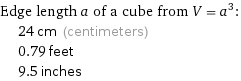 Edge length a of a cube from V = a^3:  | 24 cm (centimeters)  | 0.79 feet  | 9.5 inches