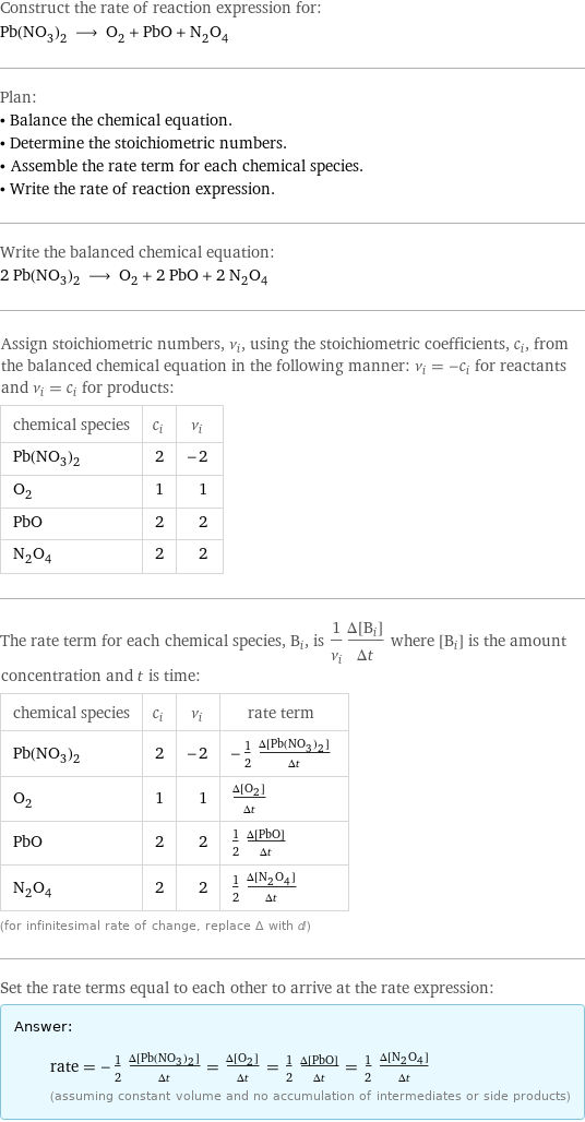 Construct the rate of reaction expression for: Pb(NO_3)_2 ⟶ O_2 + PbO + N_2O_4 Plan: • Balance the chemical equation. • Determine the stoichiometric numbers. • Assemble the rate term for each chemical species. • Write the rate of reaction expression. Write the balanced chemical equation: 2 Pb(NO_3)_2 ⟶ O_2 + 2 PbO + 2 N_2O_4 Assign stoichiometric numbers, ν_i, using the stoichiometric coefficients, c_i, from the balanced chemical equation in the following manner: ν_i = -c_i for reactants and ν_i = c_i for products: chemical species | c_i | ν_i Pb(NO_3)_2 | 2 | -2 O_2 | 1 | 1 PbO | 2 | 2 N_2O_4 | 2 | 2 The rate term for each chemical species, B_i, is 1/ν_i(Δ[B_i])/(Δt) where [B_i] is the amount concentration and t is time: chemical species | c_i | ν_i | rate term Pb(NO_3)_2 | 2 | -2 | -1/2 (Δ[Pb(NO3)2])/(Δt) O_2 | 1 | 1 | (Δ[O2])/(Δt) PbO | 2 | 2 | 1/2 (Δ[PbO])/(Δt) N_2O_4 | 2 | 2 | 1/2 (Δ[N2O4])/(Δt) (for infinitesimal rate of change, replace Δ with d) Set the rate terms equal to each other to arrive at the rate expression: Answer: |   | rate = -1/2 (Δ[Pb(NO3)2])/(Δt) = (Δ[O2])/(Δt) = 1/2 (Δ[PbO])/(Δt) = 1/2 (Δ[N2O4])/(Δt) (assuming constant volume and no accumulation of intermediates or side products)