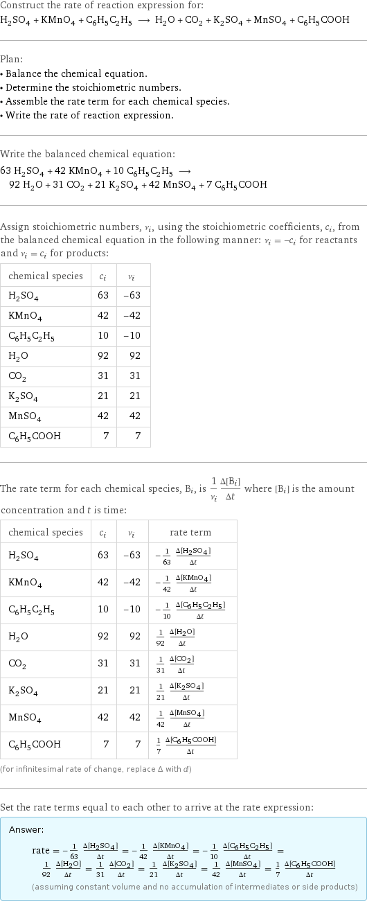 Construct the rate of reaction expression for: H_2SO_4 + KMnO_4 + C_6H_5C_2H_5 ⟶ H_2O + CO_2 + K_2SO_4 + MnSO_4 + C_6H_5COOH Plan: • Balance the chemical equation. • Determine the stoichiometric numbers. • Assemble the rate term for each chemical species. • Write the rate of reaction expression. Write the balanced chemical equation: 63 H_2SO_4 + 42 KMnO_4 + 10 C_6H_5C_2H_5 ⟶ 92 H_2O + 31 CO_2 + 21 K_2SO_4 + 42 MnSO_4 + 7 C_6H_5COOH Assign stoichiometric numbers, ν_i, using the stoichiometric coefficients, c_i, from the balanced chemical equation in the following manner: ν_i = -c_i for reactants and ν_i = c_i for products: chemical species | c_i | ν_i H_2SO_4 | 63 | -63 KMnO_4 | 42 | -42 C_6H_5C_2H_5 | 10 | -10 H_2O | 92 | 92 CO_2 | 31 | 31 K_2SO_4 | 21 | 21 MnSO_4 | 42 | 42 C_6H_5COOH | 7 | 7 The rate term for each chemical species, B_i, is 1/ν_i(Δ[B_i])/(Δt) where [B_i] is the amount concentration and t is time: chemical species | c_i | ν_i | rate term H_2SO_4 | 63 | -63 | -1/63 (Δ[H2SO4])/(Δt) KMnO_4 | 42 | -42 | -1/42 (Δ[KMnO4])/(Δt) C_6H_5C_2H_5 | 10 | -10 | -1/10 (Δ[C6H5C2H5])/(Δt) H_2O | 92 | 92 | 1/92 (Δ[H2O])/(Δt) CO_2 | 31 | 31 | 1/31 (Δ[CO2])/(Δt) K_2SO_4 | 21 | 21 | 1/21 (Δ[K2SO4])/(Δt) MnSO_4 | 42 | 42 | 1/42 (Δ[MnSO4])/(Δt) C_6H_5COOH | 7 | 7 | 1/7 (Δ[C6H5COOH])/(Δt) (for infinitesimal rate of change, replace Δ with d) Set the rate terms equal to each other to arrive at the rate expression: Answer: |   | rate = -1/63 (Δ[H2SO4])/(Δt) = -1/42 (Δ[KMnO4])/(Δt) = -1/10 (Δ[C6H5C2H5])/(Δt) = 1/92 (Δ[H2O])/(Δt) = 1/31 (Δ[CO2])/(Δt) = 1/21 (Δ[K2SO4])/(Δt) = 1/42 (Δ[MnSO4])/(Δt) = 1/7 (Δ[C6H5COOH])/(Δt) (assuming constant volume and no accumulation of intermediates or side products)