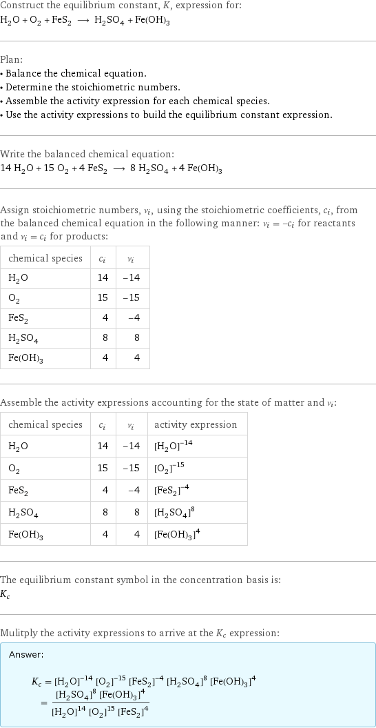 Construct the equilibrium constant, K, expression for: H_2O + O_2 + FeS_2 ⟶ H_2SO_4 + Fe(OH)_3 Plan: • Balance the chemical equation. • Determine the stoichiometric numbers. • Assemble the activity expression for each chemical species. • Use the activity expressions to build the equilibrium constant expression. Write the balanced chemical equation: 14 H_2O + 15 O_2 + 4 FeS_2 ⟶ 8 H_2SO_4 + 4 Fe(OH)_3 Assign stoichiometric numbers, ν_i, using the stoichiometric coefficients, c_i, from the balanced chemical equation in the following manner: ν_i = -c_i for reactants and ν_i = c_i for products: chemical species | c_i | ν_i H_2O | 14 | -14 O_2 | 15 | -15 FeS_2 | 4 | -4 H_2SO_4 | 8 | 8 Fe(OH)_3 | 4 | 4 Assemble the activity expressions accounting for the state of matter and ν_i: chemical species | c_i | ν_i | activity expression H_2O | 14 | -14 | ([H2O])^(-14) O_2 | 15 | -15 | ([O2])^(-15) FeS_2 | 4 | -4 | ([FeS2])^(-4) H_2SO_4 | 8 | 8 | ([H2SO4])^8 Fe(OH)_3 | 4 | 4 | ([Fe(OH)3])^4 The equilibrium constant symbol in the concentration basis is: K_c Mulitply the activity expressions to arrive at the K_c expression: Answer: |   | K_c = ([H2O])^(-14) ([O2])^(-15) ([FeS2])^(-4) ([H2SO4])^8 ([Fe(OH)3])^4 = (([H2SO4])^8 ([Fe(OH)3])^4)/(([H2O])^14 ([O2])^15 ([FeS2])^4)
