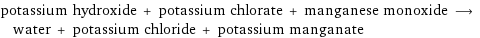 potassium hydroxide + potassium chlorate + manganese monoxide ⟶ water + potassium chloride + potassium manganate