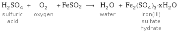 H_2SO_4 sulfuric acid + O_2 oxygen + FeSO2 ⟶ H_2O water + Fe_2(SO_4)_3·xH_2O iron(III) sulfate hydrate