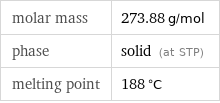 molar mass | 273.88 g/mol phase | solid (at STP) melting point | 188 °C