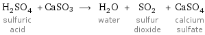 H_2SO_4 sulfuric acid + CaSO3 ⟶ H_2O water + SO_2 sulfur dioxide + CaSO_4 calcium sulfate