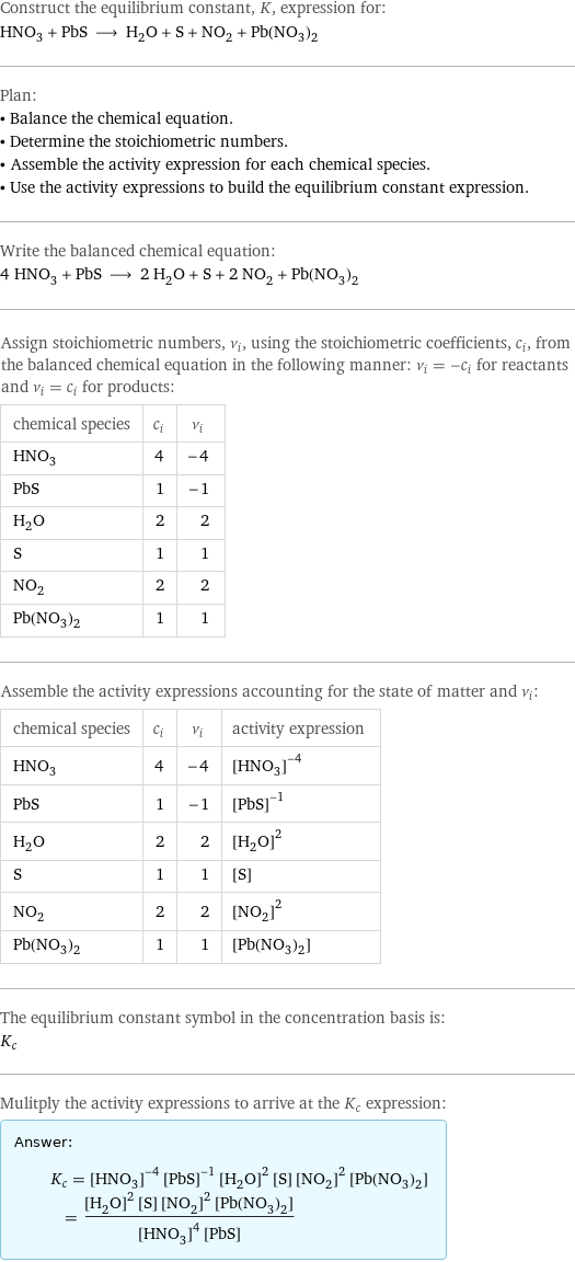 Construct the equilibrium constant, K, expression for: HNO_3 + PbS ⟶ H_2O + S + NO_2 + Pb(NO_3)_2 Plan: • Balance the chemical equation. • Determine the stoichiometric numbers. • Assemble the activity expression for each chemical species. • Use the activity expressions to build the equilibrium constant expression. Write the balanced chemical equation: 4 HNO_3 + PbS ⟶ 2 H_2O + S + 2 NO_2 + Pb(NO_3)_2 Assign stoichiometric numbers, ν_i, using the stoichiometric coefficients, c_i, from the balanced chemical equation in the following manner: ν_i = -c_i for reactants and ν_i = c_i for products: chemical species | c_i | ν_i HNO_3 | 4 | -4 PbS | 1 | -1 H_2O | 2 | 2 S | 1 | 1 NO_2 | 2 | 2 Pb(NO_3)_2 | 1 | 1 Assemble the activity expressions accounting for the state of matter and ν_i: chemical species | c_i | ν_i | activity expression HNO_3 | 4 | -4 | ([HNO3])^(-4) PbS | 1 | -1 | ([PbS])^(-1) H_2O | 2 | 2 | ([H2O])^2 S | 1 | 1 | [S] NO_2 | 2 | 2 | ([NO2])^2 Pb(NO_3)_2 | 1 | 1 | [Pb(NO3)2] The equilibrium constant symbol in the concentration basis is: K_c Mulitply the activity expressions to arrive at the K_c expression: Answer: |   | K_c = ([HNO3])^(-4) ([PbS])^(-1) ([H2O])^2 [S] ([NO2])^2 [Pb(NO3)2] = (([H2O])^2 [S] ([NO2])^2 [Pb(NO3)2])/(([HNO3])^4 [PbS])