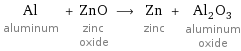 Al aluminum + ZnO zinc oxide ⟶ Zn zinc + Al_2O_3 aluminum oxide