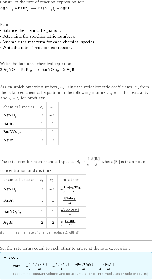 Construct the rate of reaction expression for: AgNO_3 + BaBr_2 ⟶ Ba(NO_3)_2 + AgBr Plan: • Balance the chemical equation. • Determine the stoichiometric numbers. • Assemble the rate term for each chemical species. • Write the rate of reaction expression. Write the balanced chemical equation: 2 AgNO_3 + BaBr_2 ⟶ Ba(NO_3)_2 + 2 AgBr Assign stoichiometric numbers, ν_i, using the stoichiometric coefficients, c_i, from the balanced chemical equation in the following manner: ν_i = -c_i for reactants and ν_i = c_i for products: chemical species | c_i | ν_i AgNO_3 | 2 | -2 BaBr_2 | 1 | -1 Ba(NO_3)_2 | 1 | 1 AgBr | 2 | 2 The rate term for each chemical species, B_i, is 1/ν_i(Δ[B_i])/(Δt) where [B_i] is the amount concentration and t is time: chemical species | c_i | ν_i | rate term AgNO_3 | 2 | -2 | -1/2 (Δ[AgNO3])/(Δt) BaBr_2 | 1 | -1 | -(Δ[BaBr2])/(Δt) Ba(NO_3)_2 | 1 | 1 | (Δ[Ba(NO3)2])/(Δt) AgBr | 2 | 2 | 1/2 (Δ[AgBr])/(Δt) (for infinitesimal rate of change, replace Δ with d) Set the rate terms equal to each other to arrive at the rate expression: Answer: |   | rate = -1/2 (Δ[AgNO3])/(Δt) = -(Δ[BaBr2])/(Δt) = (Δ[Ba(NO3)2])/(Δt) = 1/2 (Δ[AgBr])/(Δt) (assuming constant volume and no accumulation of intermediates or side products)