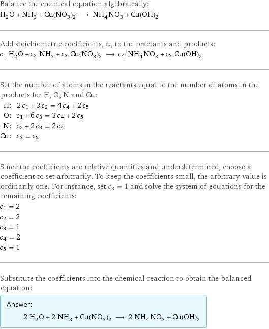 Balance the chemical equation algebraically: H_2O + NH_3 + Cu(NO_3)_2 ⟶ NH_4NO_3 + Cu(OH)_2 Add stoichiometric coefficients, c_i, to the reactants and products: c_1 H_2O + c_2 NH_3 + c_3 Cu(NO_3)_2 ⟶ c_4 NH_4NO_3 + c_5 Cu(OH)_2 Set the number of atoms in the reactants equal to the number of atoms in the products for H, O, N and Cu: H: | 2 c_1 + 3 c_2 = 4 c_4 + 2 c_5 O: | c_1 + 6 c_3 = 3 c_4 + 2 c_5 N: | c_2 + 2 c_3 = 2 c_4 Cu: | c_3 = c_5 Since the coefficients are relative quantities and underdetermined, choose a coefficient to set arbitrarily. To keep the coefficients small, the arbitrary value is ordinarily one. For instance, set c_3 = 1 and solve the system of equations for the remaining coefficients: c_1 = 2 c_2 = 2 c_3 = 1 c_4 = 2 c_5 = 1 Substitute the coefficients into the chemical reaction to obtain the balanced equation: Answer: |   | 2 H_2O + 2 NH_3 + Cu(NO_3)_2 ⟶ 2 NH_4NO_3 + Cu(OH)_2