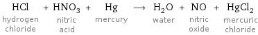 HCl hydrogen chloride + HNO_3 nitric acid + Hg mercury ⟶ H_2O water + NO nitric oxide + HgCl_2 mercuric chloride