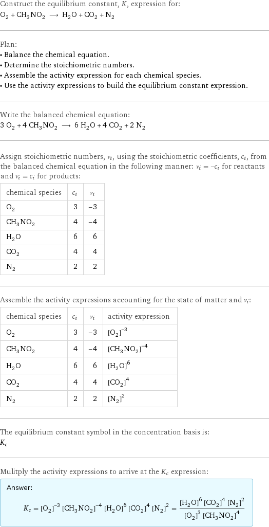 Construct the equilibrium constant, K, expression for: O_2 + CH_3NO_2 ⟶ H_2O + CO_2 + N_2 Plan: • Balance the chemical equation. • Determine the stoichiometric numbers. • Assemble the activity expression for each chemical species. • Use the activity expressions to build the equilibrium constant expression. Write the balanced chemical equation: 3 O_2 + 4 CH_3NO_2 ⟶ 6 H_2O + 4 CO_2 + 2 N_2 Assign stoichiometric numbers, ν_i, using the stoichiometric coefficients, c_i, from the balanced chemical equation in the following manner: ν_i = -c_i for reactants and ν_i = c_i for products: chemical species | c_i | ν_i O_2 | 3 | -3 CH_3NO_2 | 4 | -4 H_2O | 6 | 6 CO_2 | 4 | 4 N_2 | 2 | 2 Assemble the activity expressions accounting for the state of matter and ν_i: chemical species | c_i | ν_i | activity expression O_2 | 3 | -3 | ([O2])^(-3) CH_3NO_2 | 4 | -4 | ([CH3NO2])^(-4) H_2O | 6 | 6 | ([H2O])^6 CO_2 | 4 | 4 | ([CO2])^4 N_2 | 2 | 2 | ([N2])^2 The equilibrium constant symbol in the concentration basis is: K_c Mulitply the activity expressions to arrive at the K_c expression: Answer: |   | K_c = ([O2])^(-3) ([CH3NO2])^(-4) ([H2O])^6 ([CO2])^4 ([N2])^2 = (([H2O])^6 ([CO2])^4 ([N2])^2)/(([O2])^3 ([CH3NO2])^4)