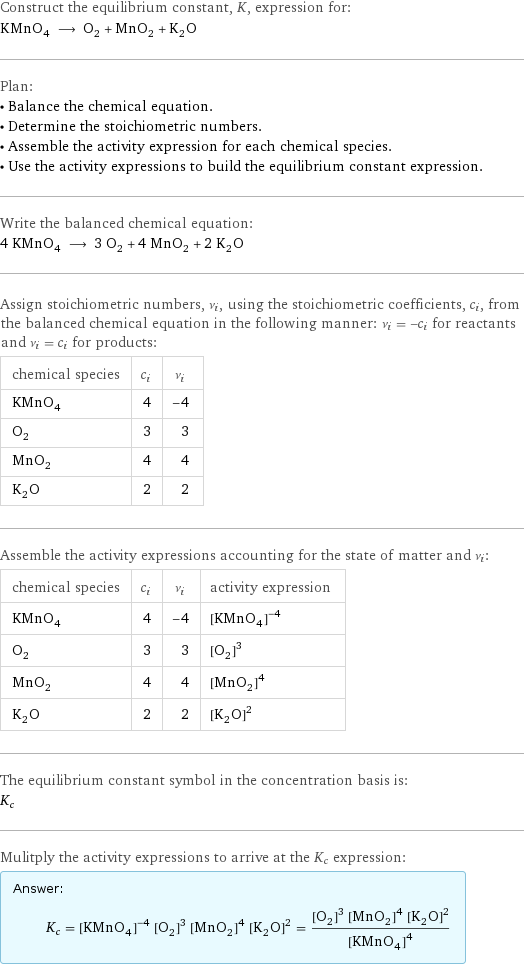 Construct the equilibrium constant, K, expression for: KMnO_4 ⟶ O_2 + MnO_2 + K_2O Plan: • Balance the chemical equation. • Determine the stoichiometric numbers. • Assemble the activity expression for each chemical species. • Use the activity expressions to build the equilibrium constant expression. Write the balanced chemical equation: 4 KMnO_4 ⟶ 3 O_2 + 4 MnO_2 + 2 K_2O Assign stoichiometric numbers, ν_i, using the stoichiometric coefficients, c_i, from the balanced chemical equation in the following manner: ν_i = -c_i for reactants and ν_i = c_i for products: chemical species | c_i | ν_i KMnO_4 | 4 | -4 O_2 | 3 | 3 MnO_2 | 4 | 4 K_2O | 2 | 2 Assemble the activity expressions accounting for the state of matter and ν_i: chemical species | c_i | ν_i | activity expression KMnO_4 | 4 | -4 | ([KMnO4])^(-4) O_2 | 3 | 3 | ([O2])^3 MnO_2 | 4 | 4 | ([MnO2])^4 K_2O | 2 | 2 | ([K2O])^2 The equilibrium constant symbol in the concentration basis is: K_c Mulitply the activity expressions to arrive at the K_c expression: Answer: |   | K_c = ([KMnO4])^(-4) ([O2])^3 ([MnO2])^4 ([K2O])^2 = (([O2])^3 ([MnO2])^4 ([K2O])^2)/([KMnO4])^4