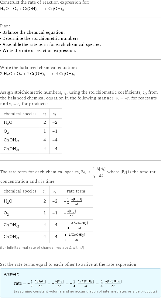 Construct the rate of reaction expression for: H_2O + O_2 + Cr(OH)2 ⟶ Cr(OH)3 Plan: • Balance the chemical equation. • Determine the stoichiometric numbers. • Assemble the rate term for each chemical species. • Write the rate of reaction expression. Write the balanced chemical equation: 2 H_2O + O_2 + 4 Cr(OH)2 ⟶ 4 Cr(OH)3 Assign stoichiometric numbers, ν_i, using the stoichiometric coefficients, c_i, from the balanced chemical equation in the following manner: ν_i = -c_i for reactants and ν_i = c_i for products: chemical species | c_i | ν_i H_2O | 2 | -2 O_2 | 1 | -1 Cr(OH)2 | 4 | -4 Cr(OH)3 | 4 | 4 The rate term for each chemical species, B_i, is 1/ν_i(Δ[B_i])/(Δt) where [B_i] is the amount concentration and t is time: chemical species | c_i | ν_i | rate term H_2O | 2 | -2 | -1/2 (Δ[H2O])/(Δt) O_2 | 1 | -1 | -(Δ[O2])/(Δt) Cr(OH)2 | 4 | -4 | -1/4 (Δ[Cr(OH)2])/(Δt) Cr(OH)3 | 4 | 4 | 1/4 (Δ[Cr(OH)3])/(Δt) (for infinitesimal rate of change, replace Δ with d) Set the rate terms equal to each other to arrive at the rate expression: Answer: |   | rate = -1/2 (Δ[H2O])/(Δt) = -(Δ[O2])/(Δt) = -1/4 (Δ[Cr(OH)2])/(Δt) = 1/4 (Δ[Cr(OH)3])/(Δt) (assuming constant volume and no accumulation of intermediates or side products)