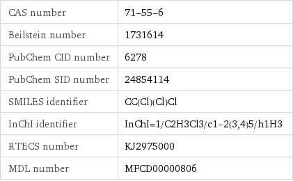 CAS number | 71-55-6 Beilstein number | 1731614 PubChem CID number | 6278 PubChem SID number | 24854114 SMILES identifier | CC(Cl)(Cl)Cl InChI identifier | InChI=1/C2H3Cl3/c1-2(3, 4)5/h1H3 RTECS number | KJ2975000 MDL number | MFCD00000806