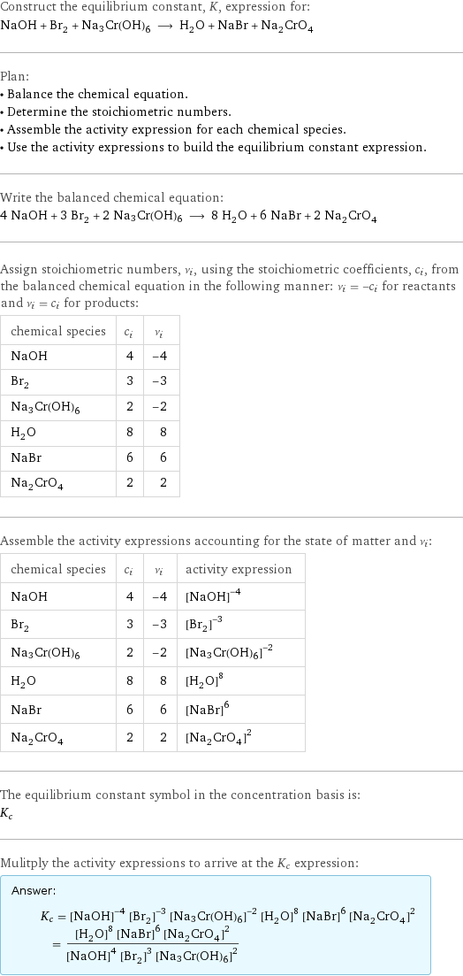 Construct the equilibrium constant, K, expression for: NaOH + Br_2 + Na3Cr(OH)6 ⟶ H_2O + NaBr + Na_2CrO_4 Plan: • Balance the chemical equation. • Determine the stoichiometric numbers. • Assemble the activity expression for each chemical species. • Use the activity expressions to build the equilibrium constant expression. Write the balanced chemical equation: 4 NaOH + 3 Br_2 + 2 Na3Cr(OH)6 ⟶ 8 H_2O + 6 NaBr + 2 Na_2CrO_4 Assign stoichiometric numbers, ν_i, using the stoichiometric coefficients, c_i, from the balanced chemical equation in the following manner: ν_i = -c_i for reactants and ν_i = c_i for products: chemical species | c_i | ν_i NaOH | 4 | -4 Br_2 | 3 | -3 Na3Cr(OH)6 | 2 | -2 H_2O | 8 | 8 NaBr | 6 | 6 Na_2CrO_4 | 2 | 2 Assemble the activity expressions accounting for the state of matter and ν_i: chemical species | c_i | ν_i | activity expression NaOH | 4 | -4 | ([NaOH])^(-4) Br_2 | 3 | -3 | ([Br2])^(-3) Na3Cr(OH)6 | 2 | -2 | ([Na3Cr(OH)6])^(-2) H_2O | 8 | 8 | ([H2O])^8 NaBr | 6 | 6 | ([NaBr])^6 Na_2CrO_4 | 2 | 2 | ([Na2CrO4])^2 The equilibrium constant symbol in the concentration basis is: K_c Mulitply the activity expressions to arrive at the K_c expression: Answer: |   | K_c = ([NaOH])^(-4) ([Br2])^(-3) ([Na3Cr(OH)6])^(-2) ([H2O])^8 ([NaBr])^6 ([Na2CrO4])^2 = (([H2O])^8 ([NaBr])^6 ([Na2CrO4])^2)/(([NaOH])^4 ([Br2])^3 ([Na3Cr(OH)6])^2)