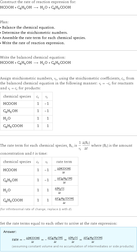 Construct the rate of reaction expression for: HCOOH + C_6H_5OH ⟶ H_2O + C_6H_5COOH Plan: • Balance the chemical equation. • Determine the stoichiometric numbers. • Assemble the rate term for each chemical species. • Write the rate of reaction expression. Write the balanced chemical equation: HCOOH + C_6H_5OH ⟶ H_2O + C_6H_5COOH Assign stoichiometric numbers, ν_i, using the stoichiometric coefficients, c_i, from the balanced chemical equation in the following manner: ν_i = -c_i for reactants and ν_i = c_i for products: chemical species | c_i | ν_i HCOOH | 1 | -1 C_6H_5OH | 1 | -1 H_2O | 1 | 1 C_6H_5COOH | 1 | 1 The rate term for each chemical species, B_i, is 1/ν_i(Δ[B_i])/(Δt) where [B_i] is the amount concentration and t is time: chemical species | c_i | ν_i | rate term HCOOH | 1 | -1 | -(Δ[HCOOH])/(Δt) C_6H_5OH | 1 | -1 | -(Δ[C6H5OH])/(Δt) H_2O | 1 | 1 | (Δ[H2O])/(Δt) C_6H_5COOH | 1 | 1 | (Δ[C6H5COOH])/(Δt) (for infinitesimal rate of change, replace Δ with d) Set the rate terms equal to each other to arrive at the rate expression: Answer: |   | rate = -(Δ[HCOOH])/(Δt) = -(Δ[C6H5OH])/(Δt) = (Δ[H2O])/(Δt) = (Δ[C6H5COOH])/(Δt) (assuming constant volume and no accumulation of intermediates or side products)